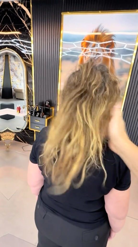 Lang, krullend blond haar van achteren gezien, in de salon naast het schilderij met de leeuw