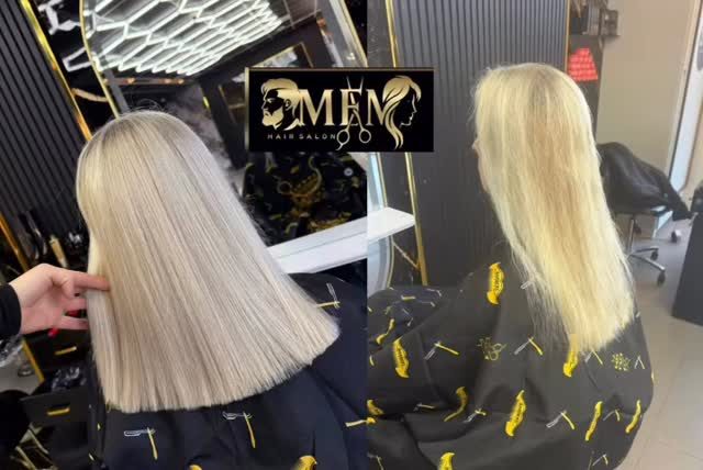 Blond haar voor en na, naast elkaar met het logo van de salon